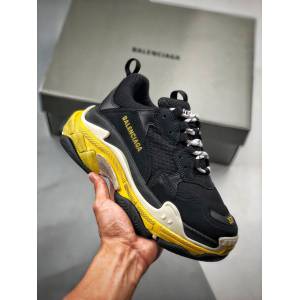 Balenciaga經典款男女鞋 巴黎世家頂級版本Triple S大底LOGO黑黃配色老爹鞋 Balenciaga情侶款老爹鞋  hdbl1215