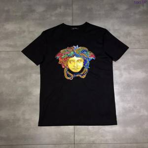 Versace短袖衣 2019春夏新款刺繡燙鑽 範思哲男士黑色T恤  tzy1797