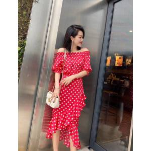 Chanel香奈兒 法國專櫃同步新款 2019爆款 露肩 紅色波點 魚尾不規則擺 連衣裙  xly1204