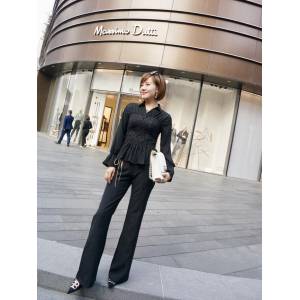 Chanel香奈兒 法國專櫃同步新款 19年最新 時尚水溶蕾絲拼接喇叭袖上衣+撞色系繩闊腿褲套裝 高端定制款  xly1247