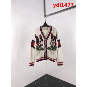 GUCCI古馳 18SS新款 粗線編織麻花刺繡小狗圖案 杏色開衫毛衣 情侶款 ydi1477