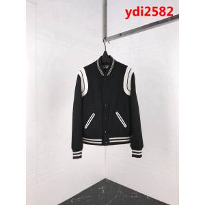 YSL聖羅蘭 升級版棒球服外套 經典回顧 高版本 羊毛呢面料 真皮肩膀拼接 織帶蠟黃對版 情侶款 ydi2582